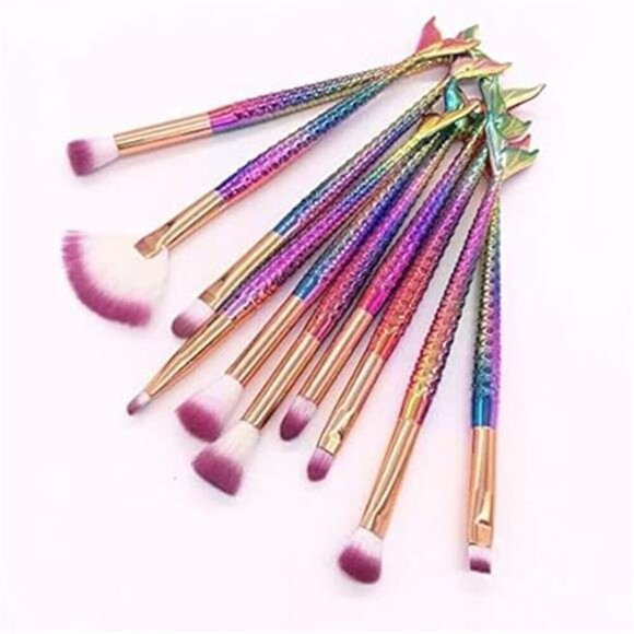Mermaid Tail Makeup Brush Set 10 Pcs Eye Brushes Eyeshadow Concealer Brow Blend - Picture 4 of 7